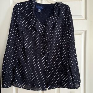 Women's top Charter Club Navy White Polka Dot Ruffle Neck Size 12 NWT